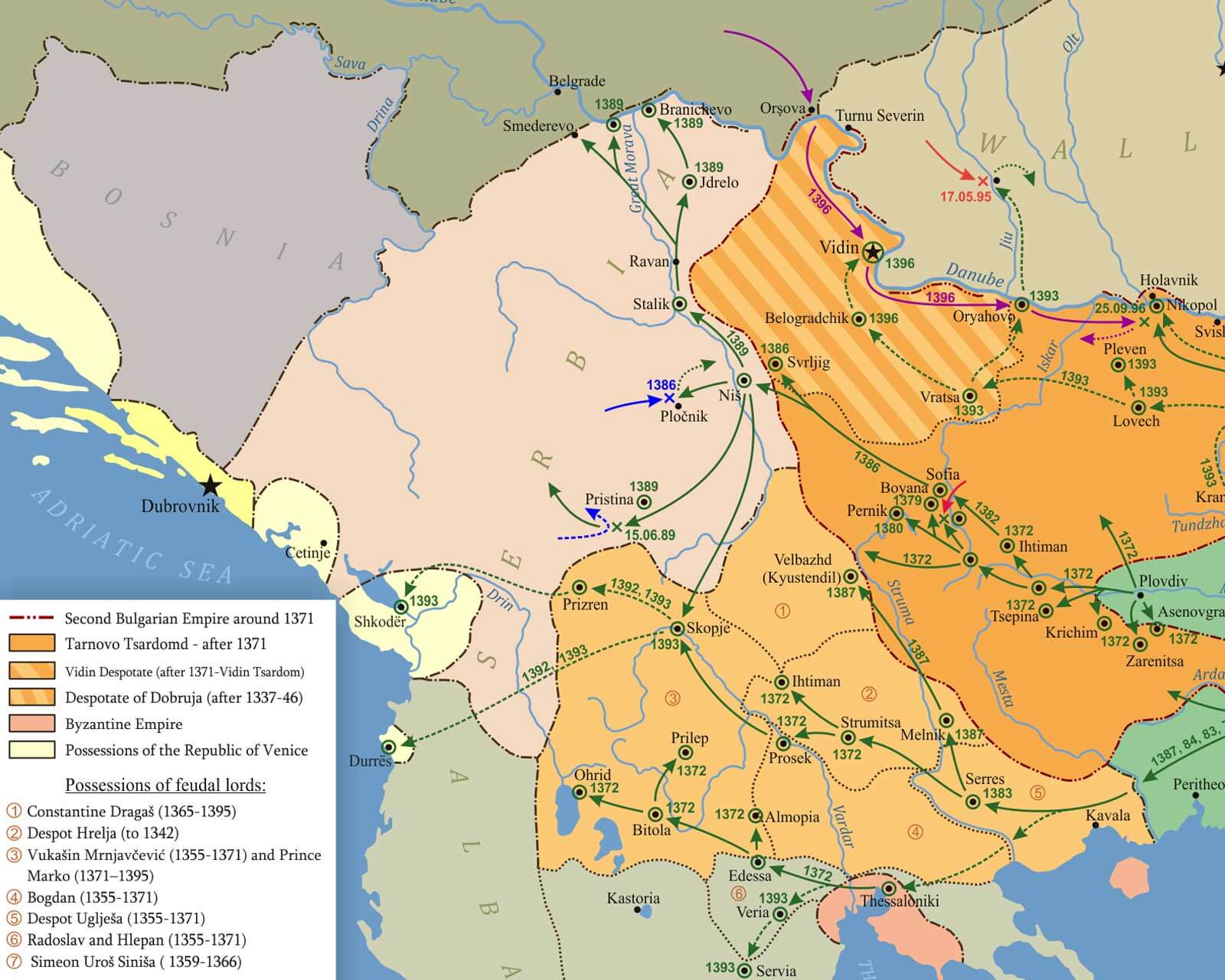 Карта Балкан в 1370-х.