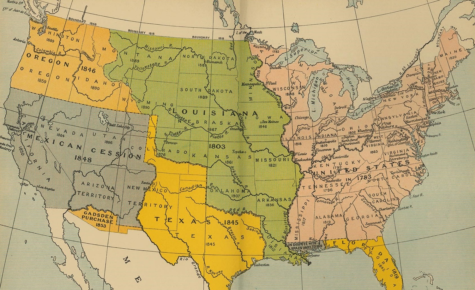 Розовым выделены земли под контролем США в 1783 г.