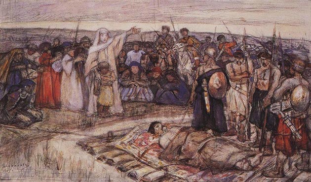«Княгиня Ольга встречает тело князя Игоря». Эскиз В. И. Сурикова, 1915 год.jpg