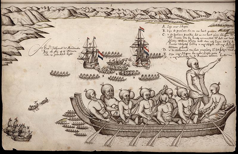 Каноэ маори и корабли Абеля Тасмана в Бухте убийц.jpg