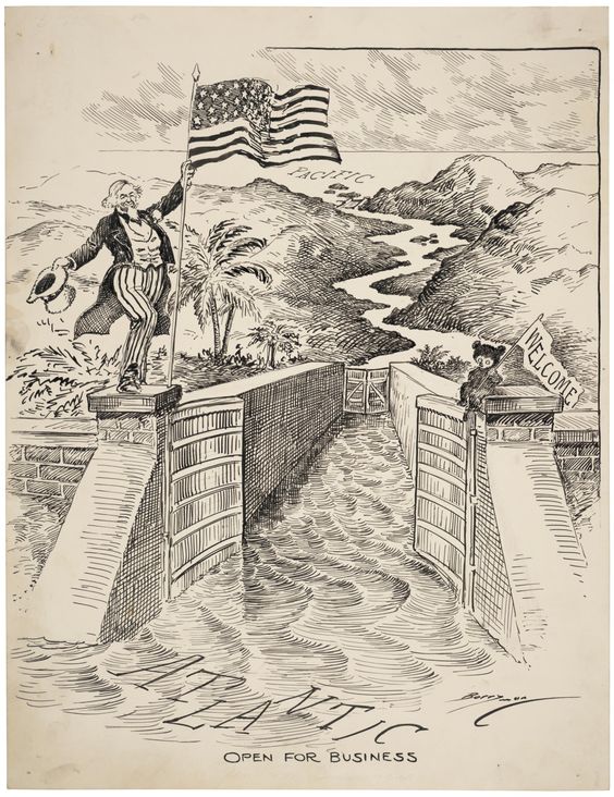 Clifford Berryman cartoon celebrating the opening of the Panama Canal August 15 1914.jpg