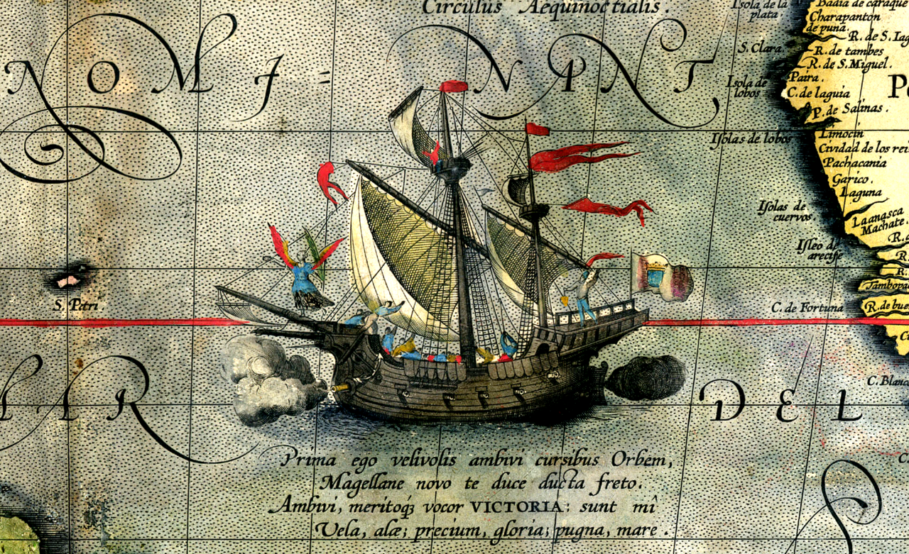 «Виктория» — единственный вернувшийся корабль экспедиции Магеллана. Деталь карты Абрахама Ортелия