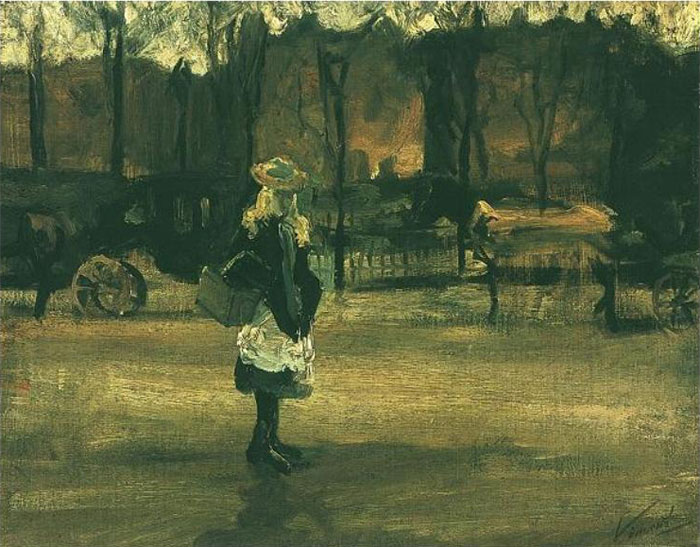 Девушка на улице два экипажа на заднем плане 1882.jpg