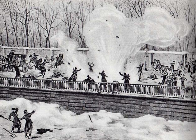 Покушение на Александра II. Взрыв снаряда на Екатерининском канале 1 марта 1881 года. Гравюра на дереве, 1881 год.jpg