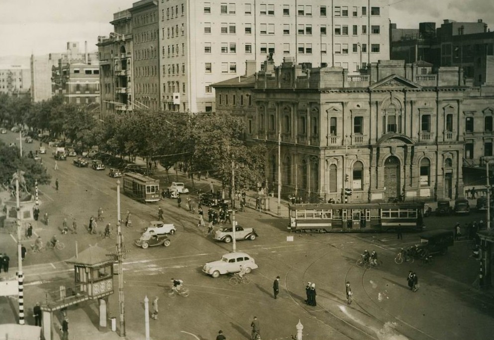 Intersection of North Terrace and King William Street viewed from Parliament House, 1938..jpg