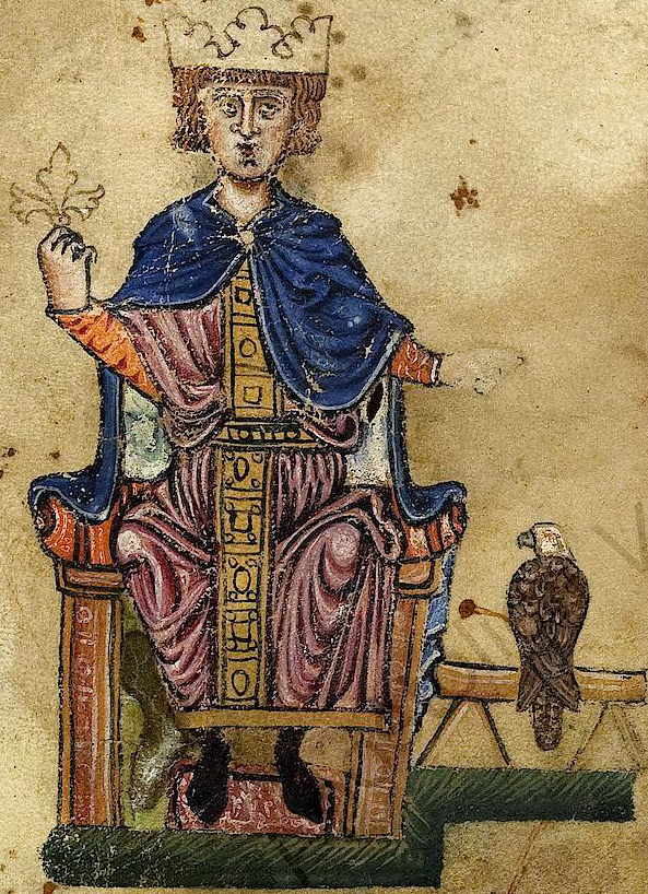 Изображение Фридриха II из его книги «Об искусстве охоты с птицами», конец XIII века.jpg