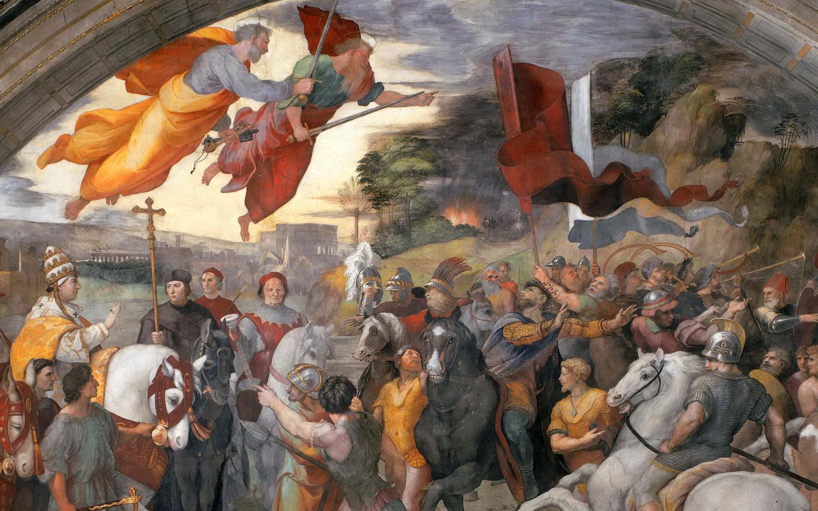 Рафаэль Санти. Встреча папы римского Льва I с Аттилой. Фреска в Ватикане, 1514. 