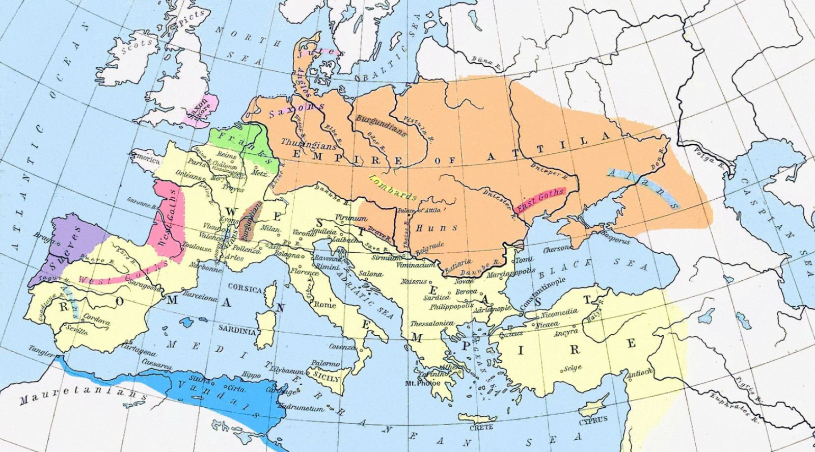 Карта Европы в середине V века н. э.