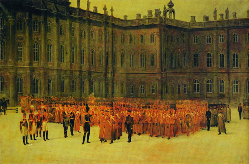 Николай I перед лейб-гвардией во дворе Зимнего дворца. 