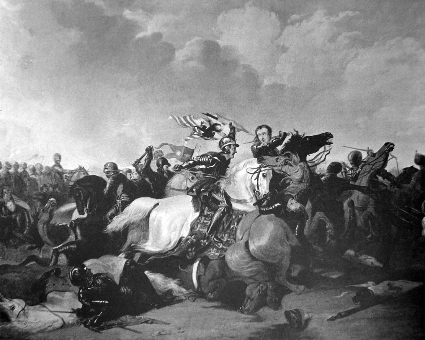 «Схватка короля Ричарда III и Генриха Тюдора в центре битвы». Иллюстрация Абрахама Купера.