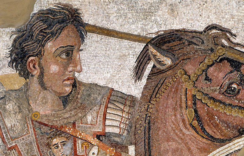 Македонский на мозаике, изображающей битву при Иссе.