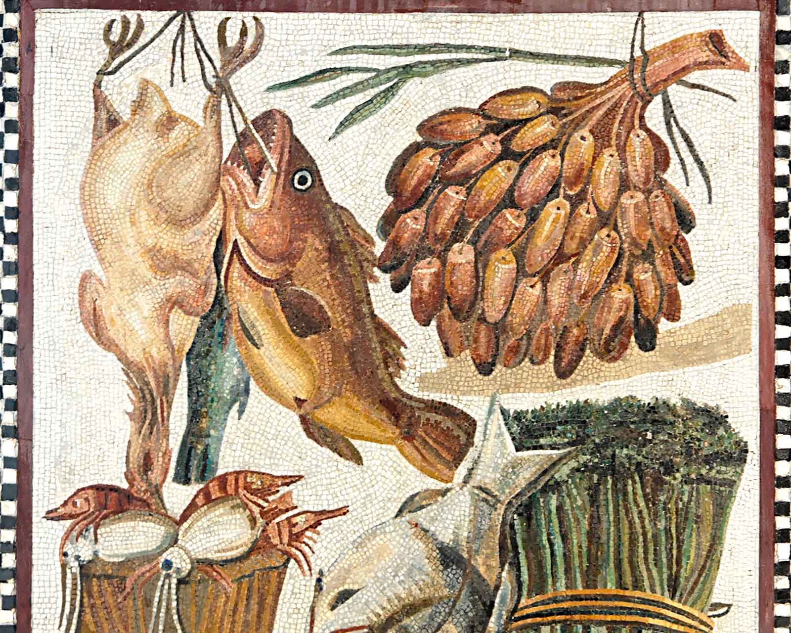 Птица, рыба, финики, спаржа и морепродукты. 1-й в. Мозаика.