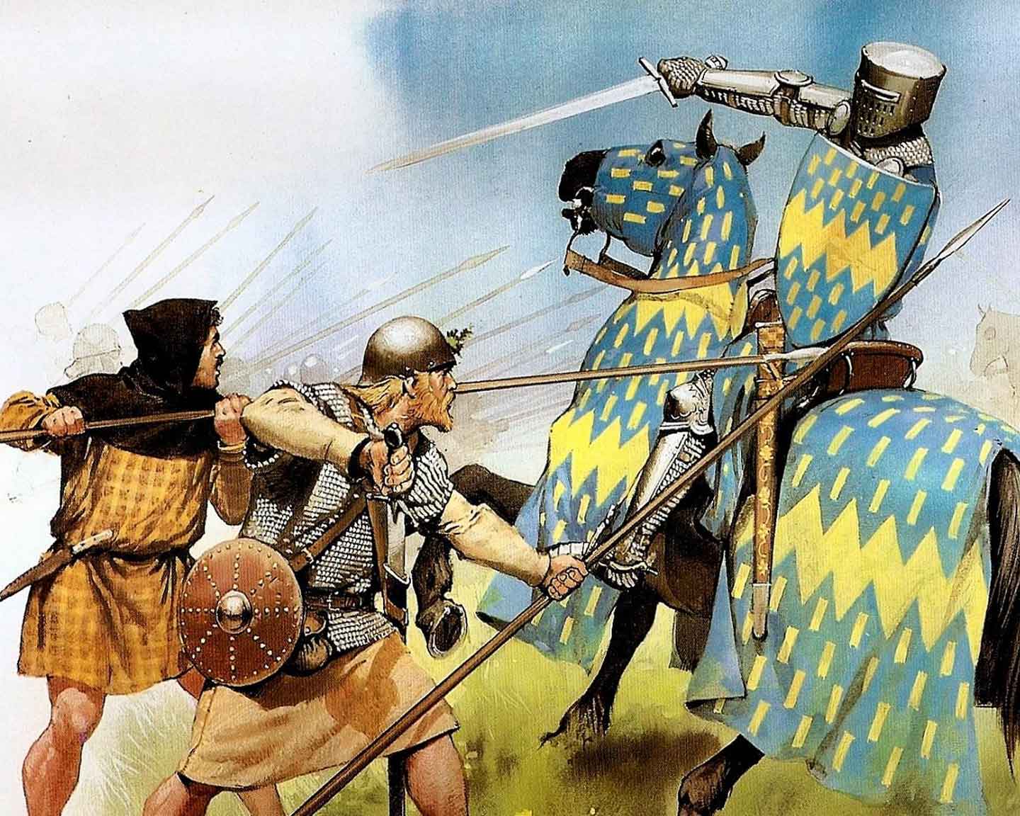 Шотландские копейщики сражаются с английским рыцарем в битве при Бэннокбёрне.