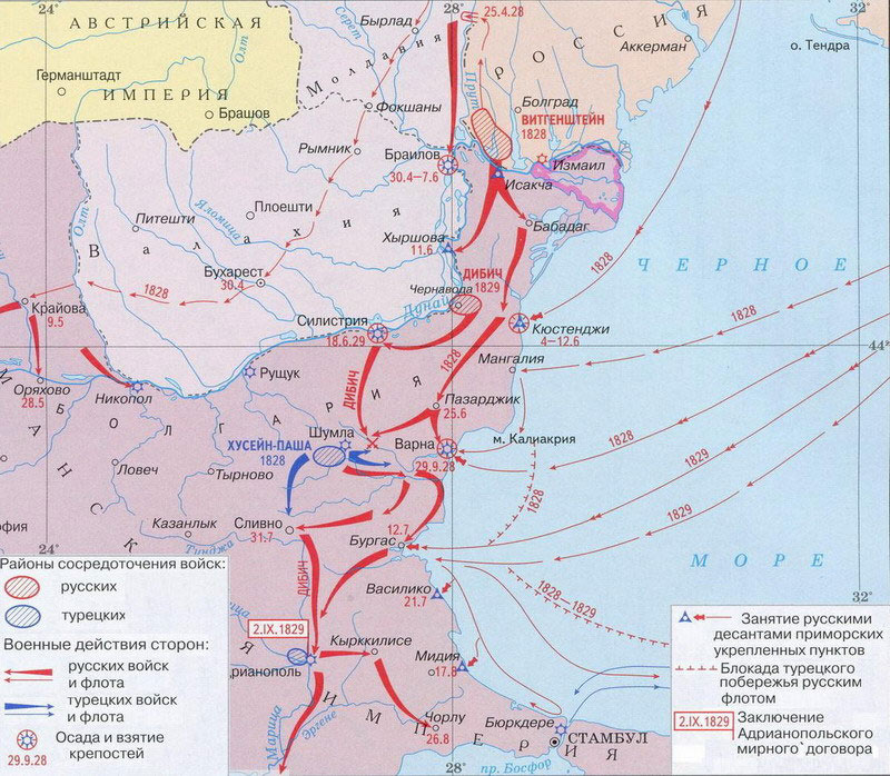 Карта боевых действий русской армии на Дунайском театре военных действий.