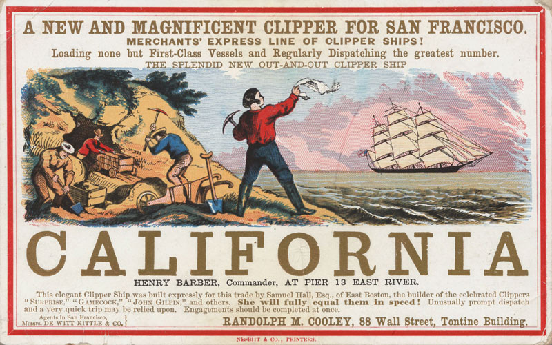 Реклама тура в Калифорнию к золотой лихорадке, 1850-е.