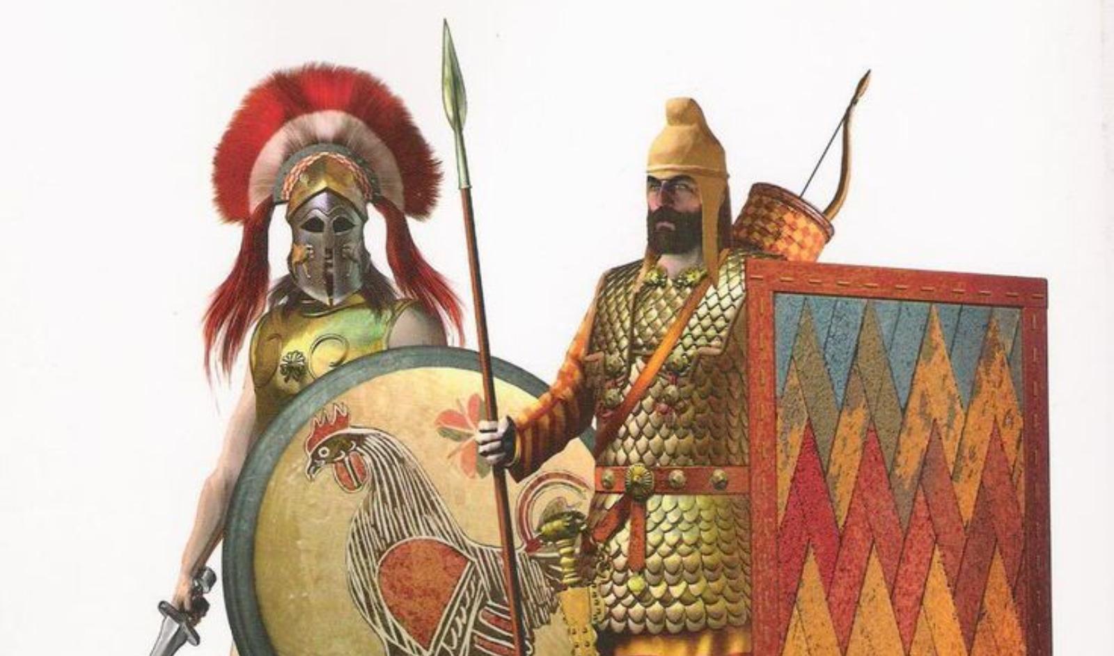 Персидский пехотинец и греческий гоплит.
