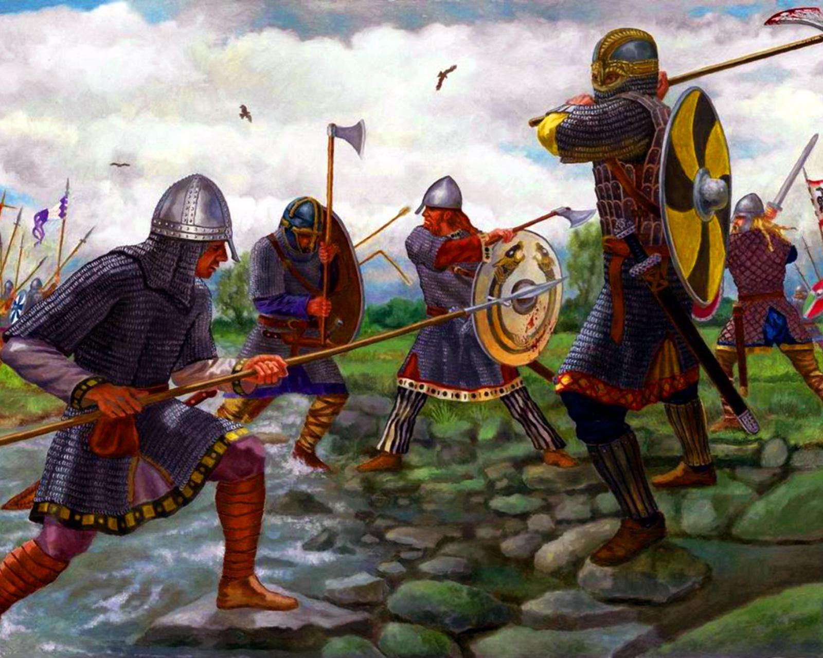 Пехота англосаксов сражается с викингами. 