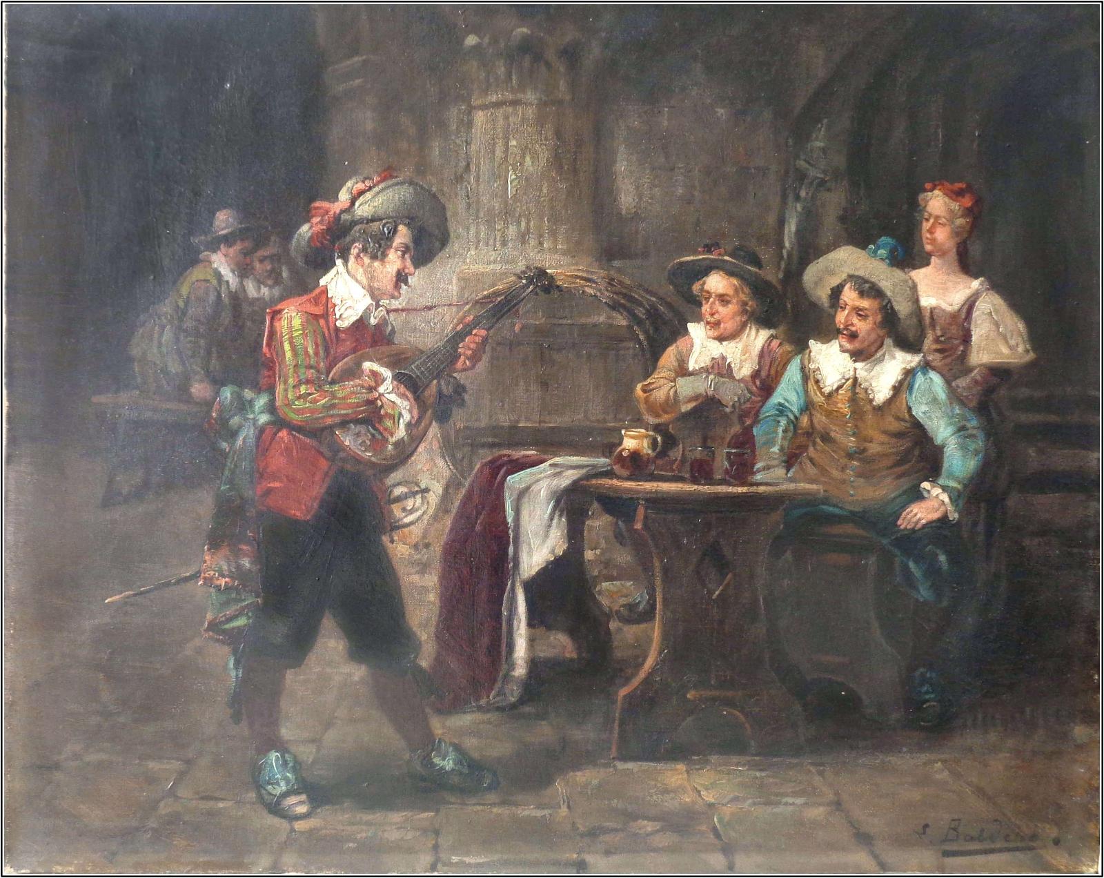 «Мушкетеры и музыкант в таверне». Луиджи Джорджио Бальдеро, 1880. 