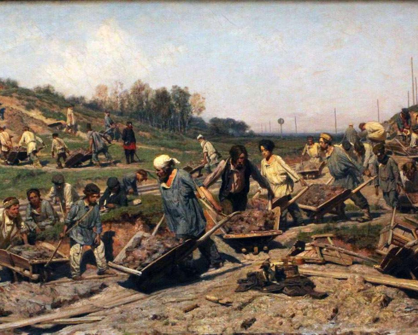 «Ремонтные работы на железной дороге». К. А. Савицкий, 1874. 