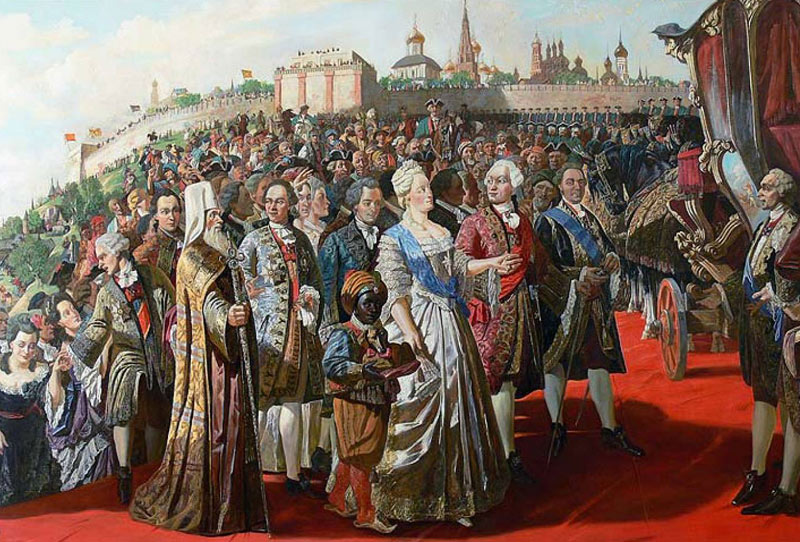 Екатерина II в сопровождении свиты.