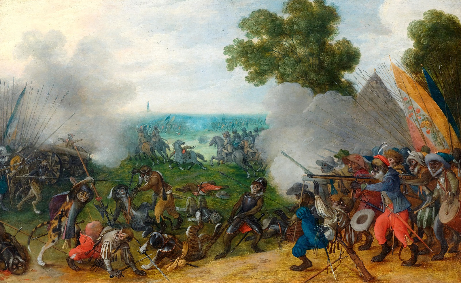 Себастьян Вранкс. Аллегорический бой между вооружёнными обезьянами и кошками во фламандском пейзаже, ок. 1630.