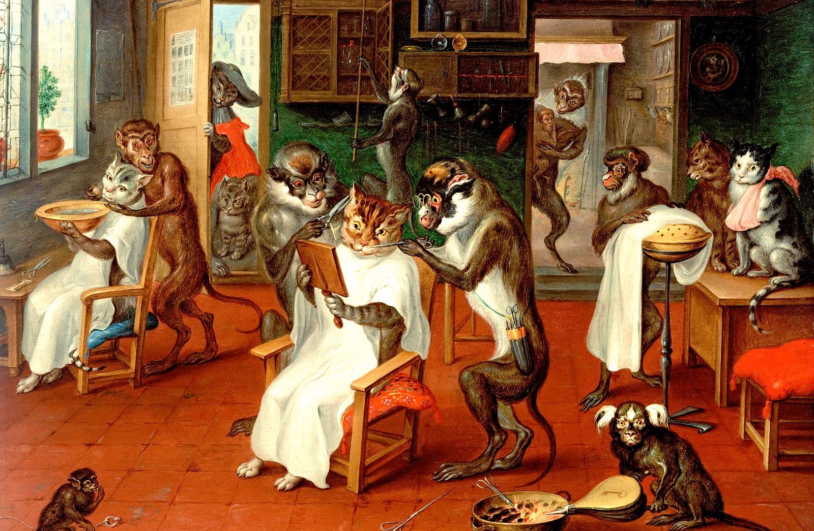 Авраам Тенирс. Парикмахерская с обезьянами и котами, между 1633 и 1667.