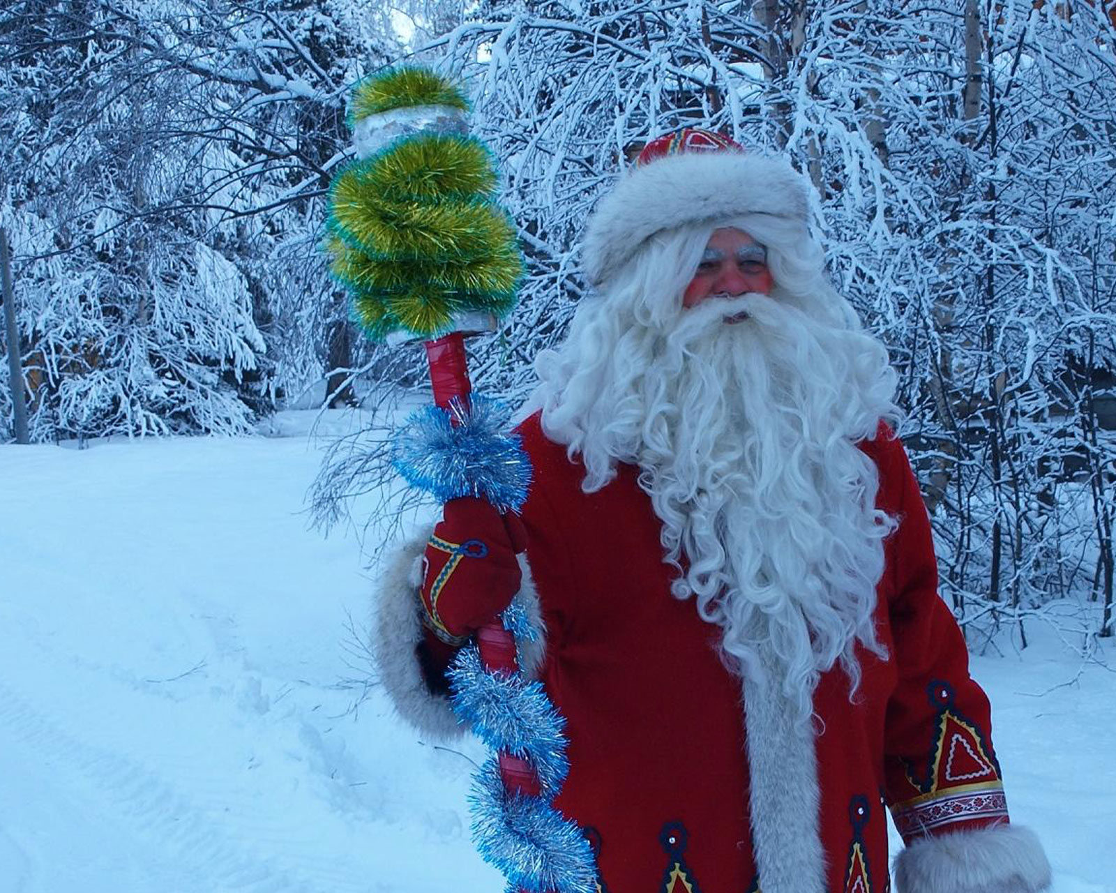 Дед Мороз обходит лес с посохом.