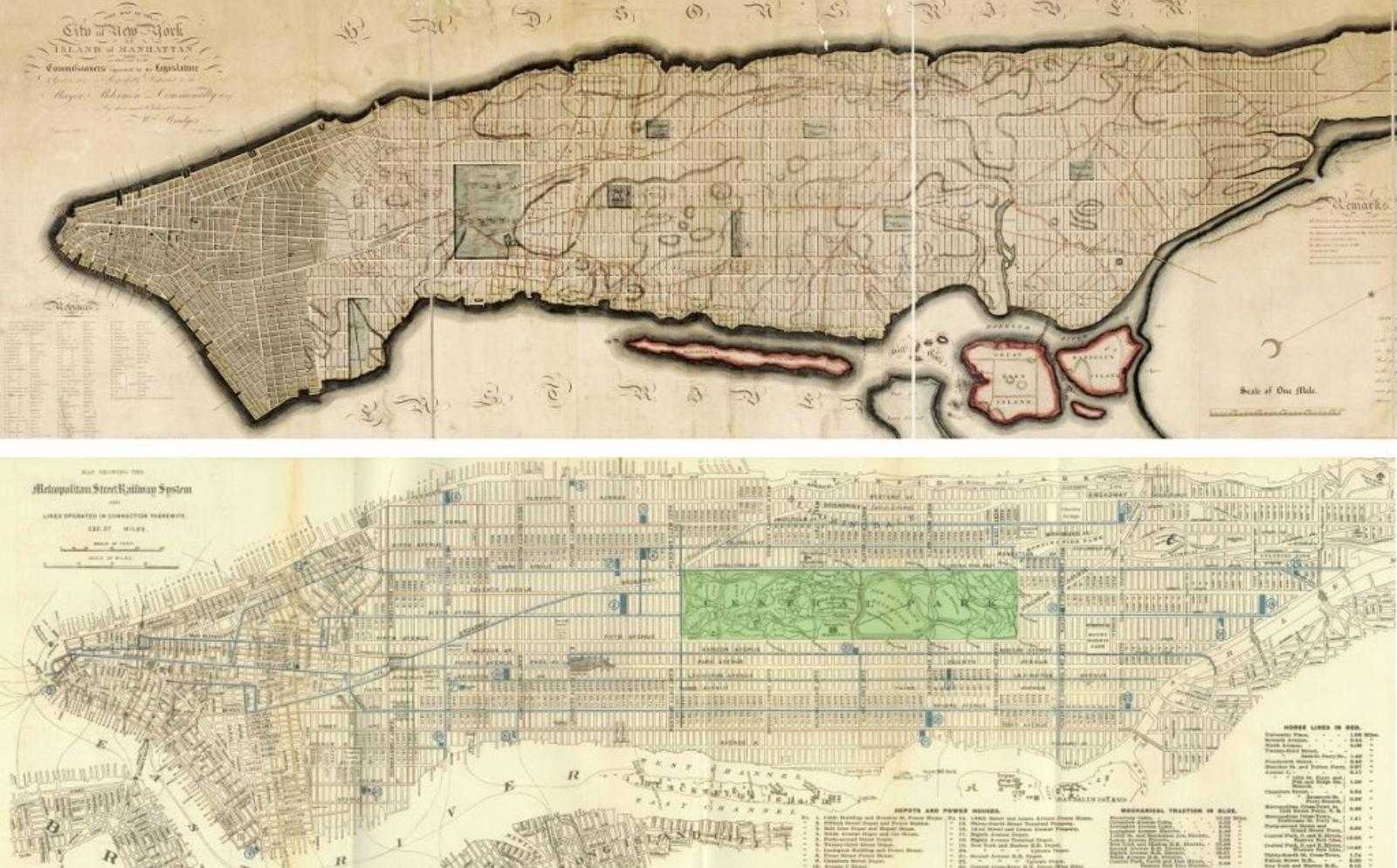 Планы Нью-Йорка: сверху — 1811 года (без общественных пространств), снизу — 1899 года (с учётом парка).