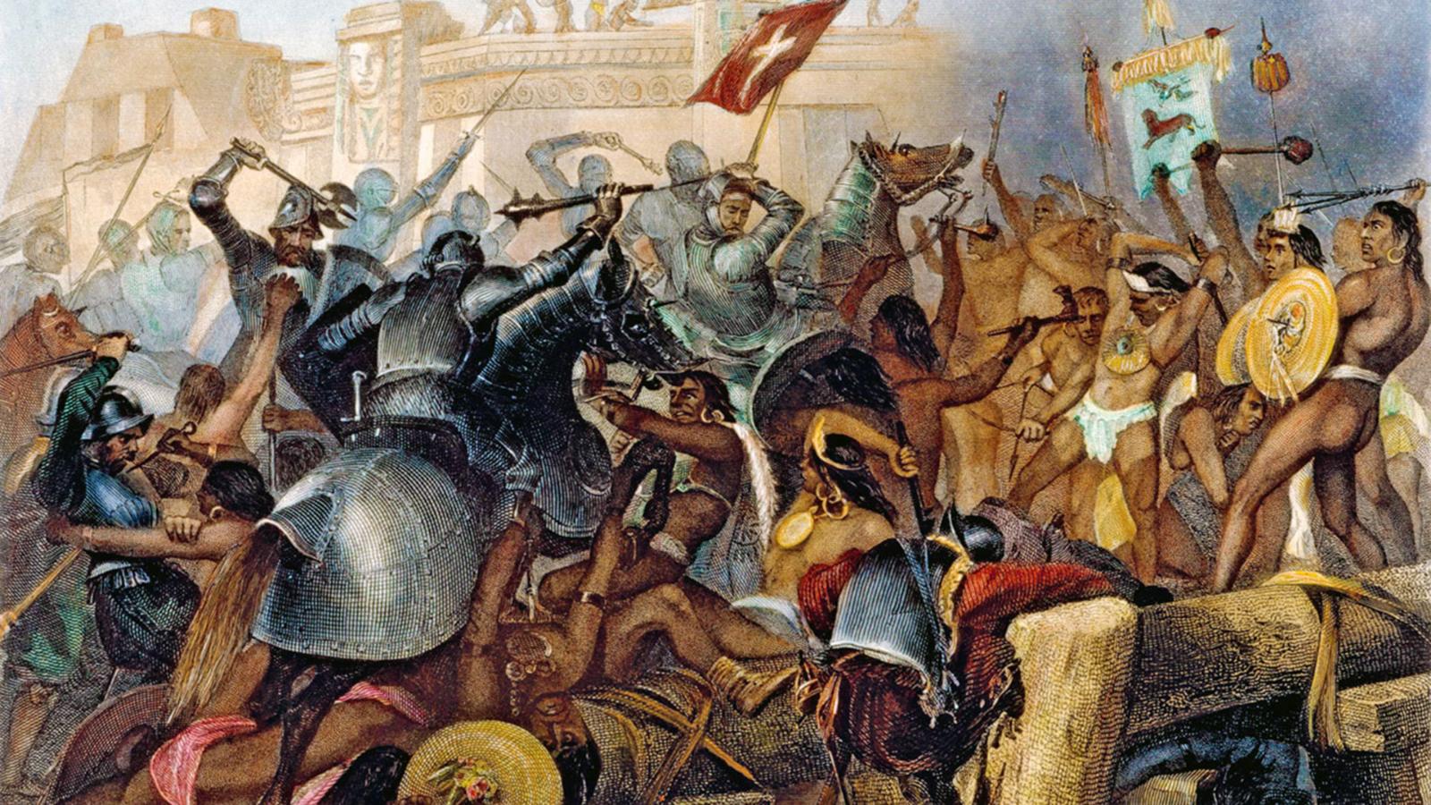 Бой конкистадоров и ацтеков.