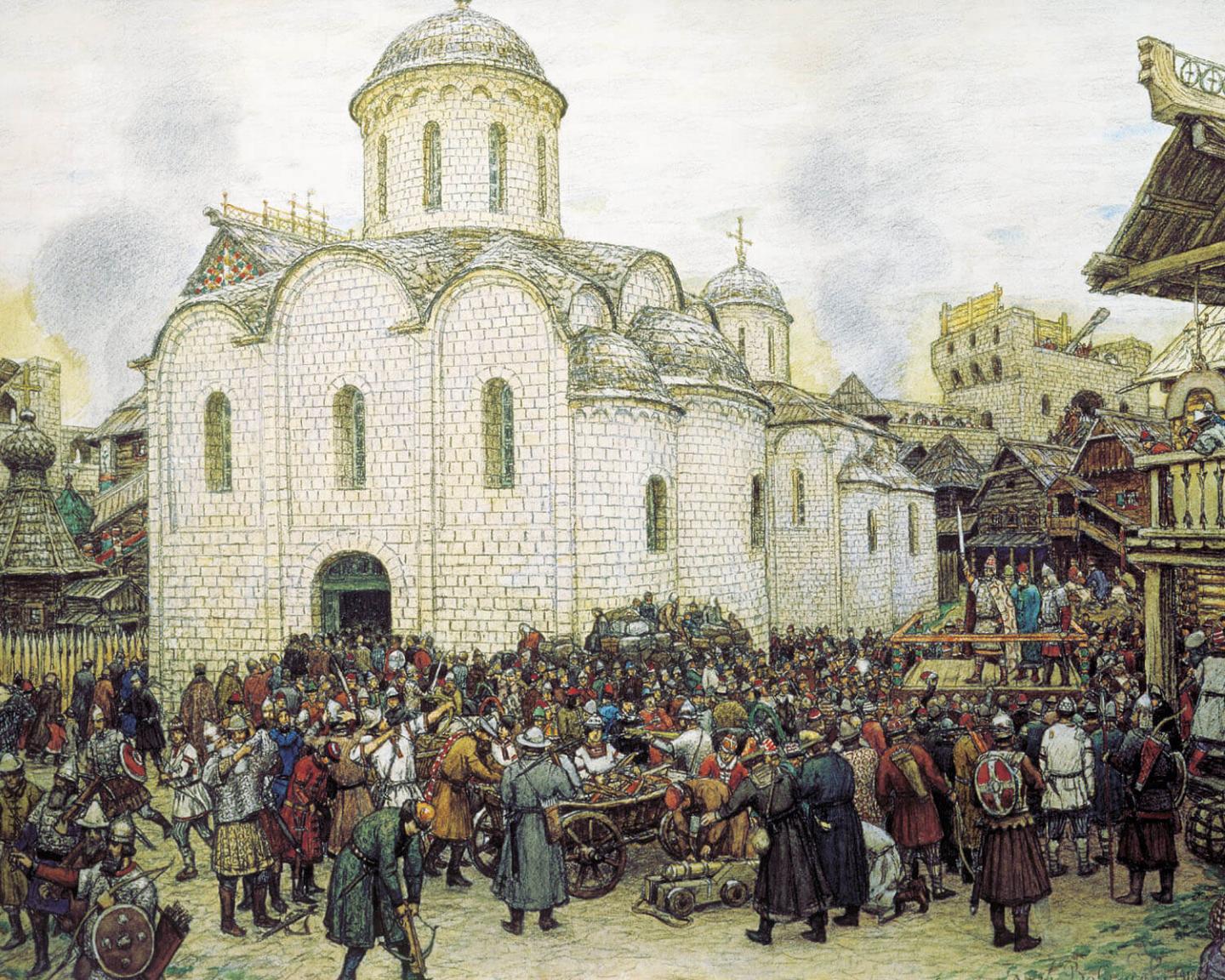 Москвичи собираются на оборону города во время нашествия Тохтамыша.