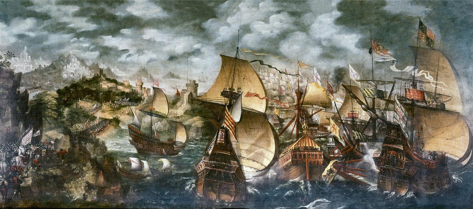 Сражение испанских и английских кораблей.