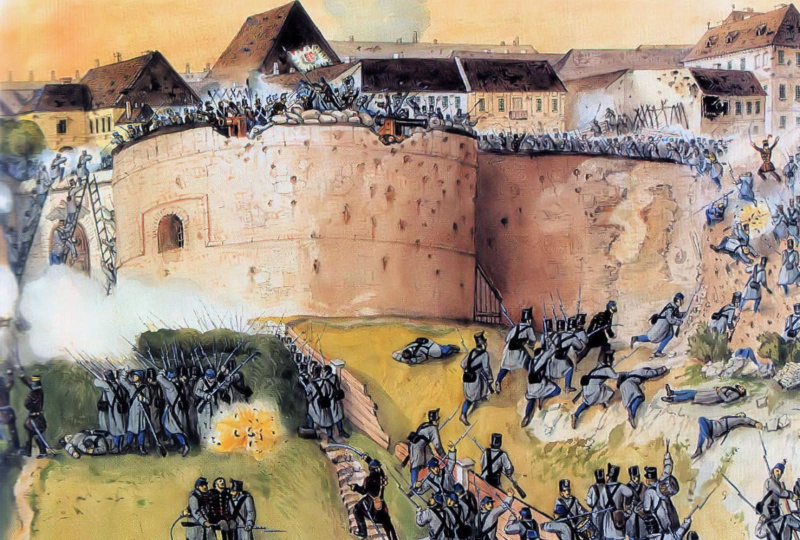 Венгры обороняют Будайскую крепость от австрийских войск.
