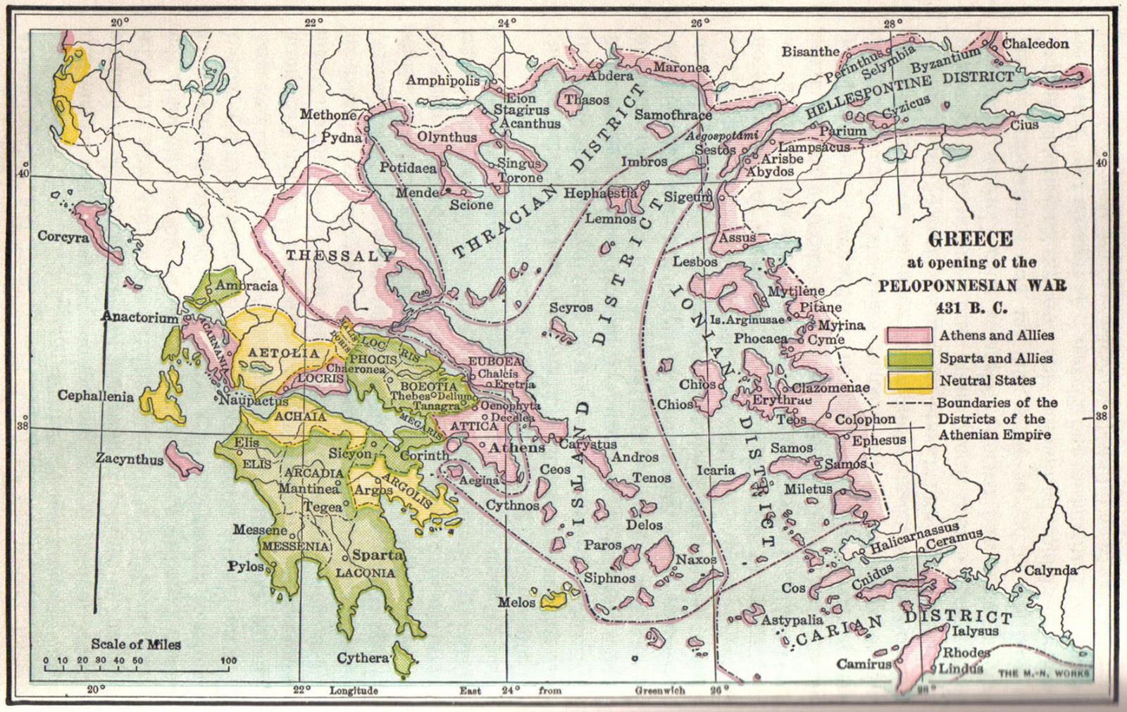 Пелопоннесская война: спартанцы и союзники [жёлтый] против Афин.