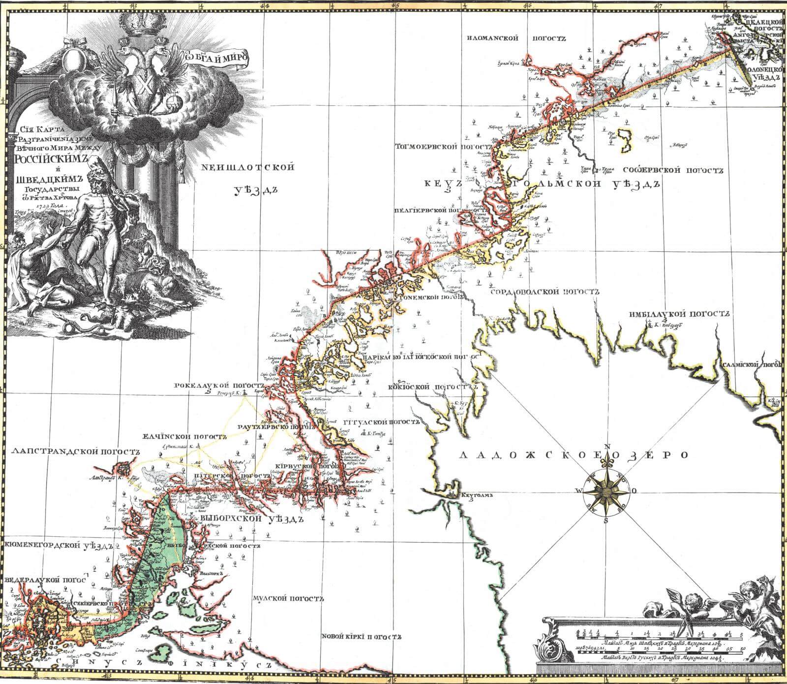 Карта раздела земель по Ништадтскому мирному договору 1721 года между Россией и Швецией.