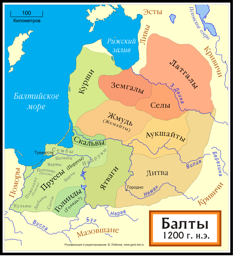 Фото 1. Пруссы среди других балтских племён (около 1200 г.) Восточные балты показаны оттенками коричневого западные зелёного. Границы приблизительны..png