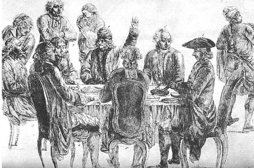 В кафе «Прокоп»: на&nbsp;заднем плане, слева направо: Кондорсе, ла&nbsp;Гарп, Вольтер и&nbsp;Дидро.