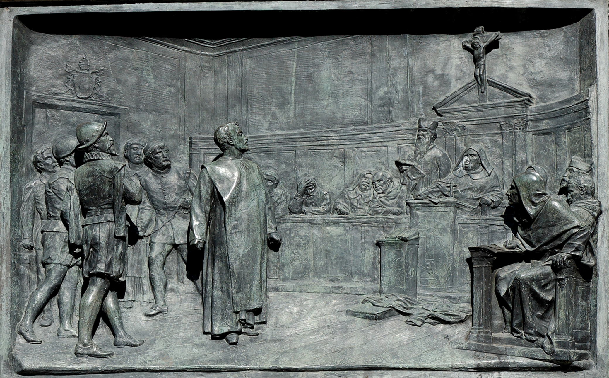 3 The trial of Giordano Bruno by the Roman Inquisition. Bronze relief by Ettore Ferrari Campo de Fiori Rome.jpg