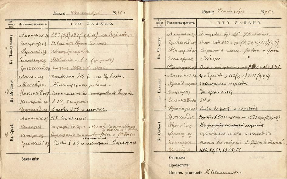 Школьный дневник конца XIX века
