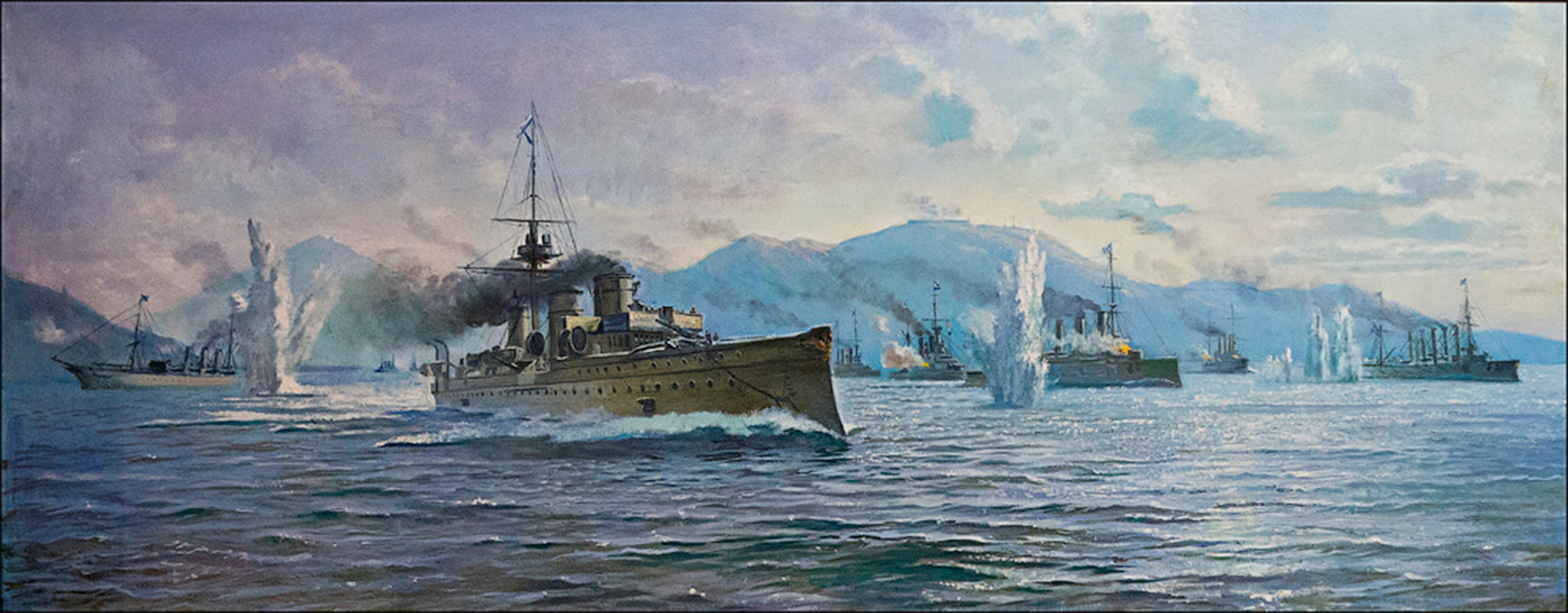 Бой 27 января 1904 г. Начало русско-японской войны. На первом плане крейсер 2-го ранга «Новик». Источник фото: tsushima.su Бой 27 января 1904 г. Начало русско-японской войны. На первом плане крейсер 2-го ранга «Новик». Источник фото: tsushima.su
