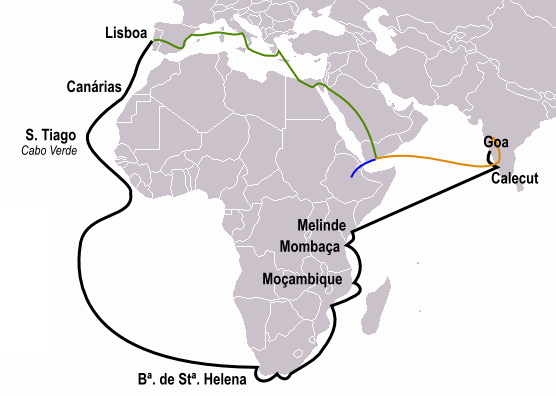 Фото 4. Путь торговцев пряностями из Португалии в Индию (зелёная линия) и маршруты Васко да Гама (чёрная), Перу да Ковильяна (оранжевая) и Афонсу ди Пайва (синяя).png