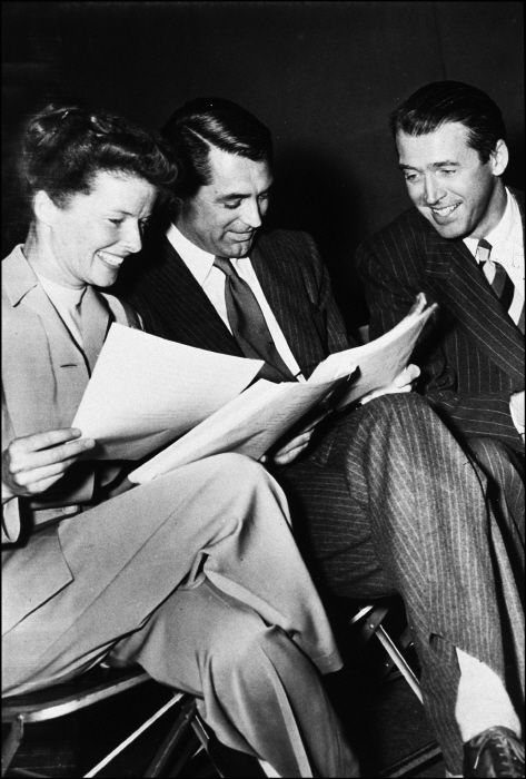 24 Katharine Hepburn James Stewart and Cary Grant on the set of The Philadelphia Story.jpg