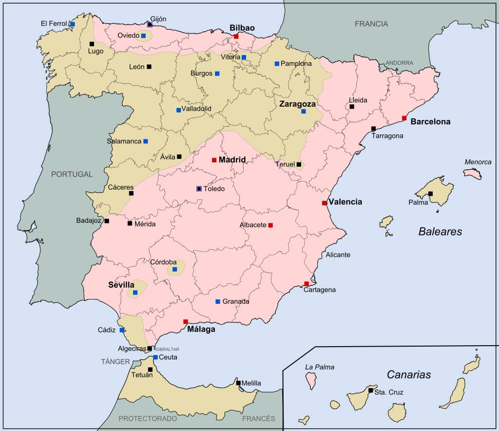 Регионы Испании поддержавшие республику (выделены розовым) и поддержавшие путч (выделены коричневым).jpg