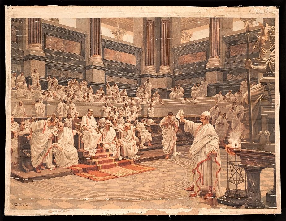 Цицерон произносит в сенате речь против Катилины. <br>
