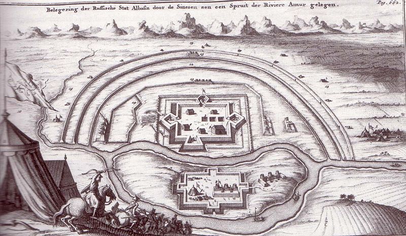 Гравюра с изображением осады Албазина из книги Н. Витсена «Северная и Восточная Тартария». Амстердам, 1692. Источник: wikipedia.org