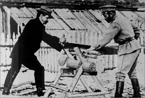 Пьер Жильяр и Николай II пилят дрова.jpg