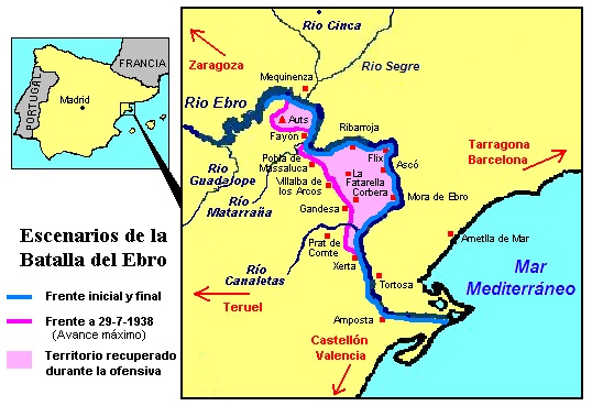 Карта битвы на Эбро. Успехи республиканцев обозначены розовым фронт до битвы  синим.jpg