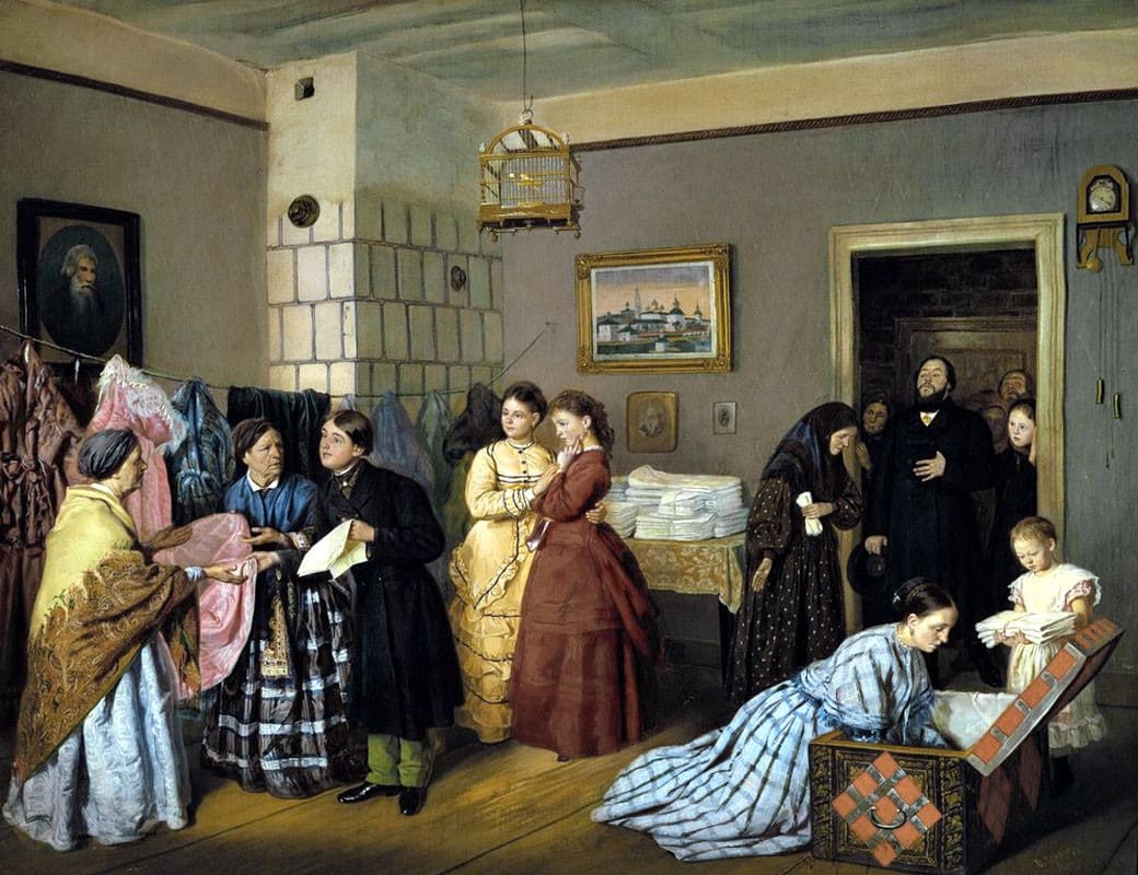 Приём приданого в купеческой семье по&nbsp;росписи. Василий Пукирев, 1873 год. <br>