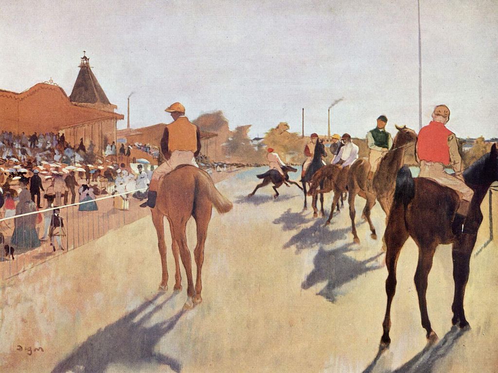 Скаковые лошади перед трибунами. 1869—1872 гг