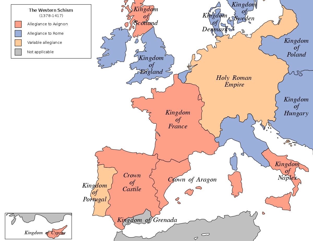 Карта, показывающая, какую позицию европейские державы занимали в расколе. <br>