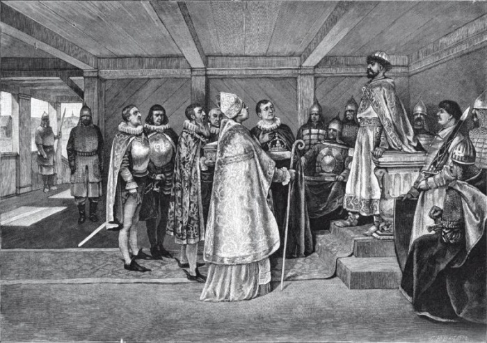 Папский нунций подносит Даниилу Галицкому королевскую корону.